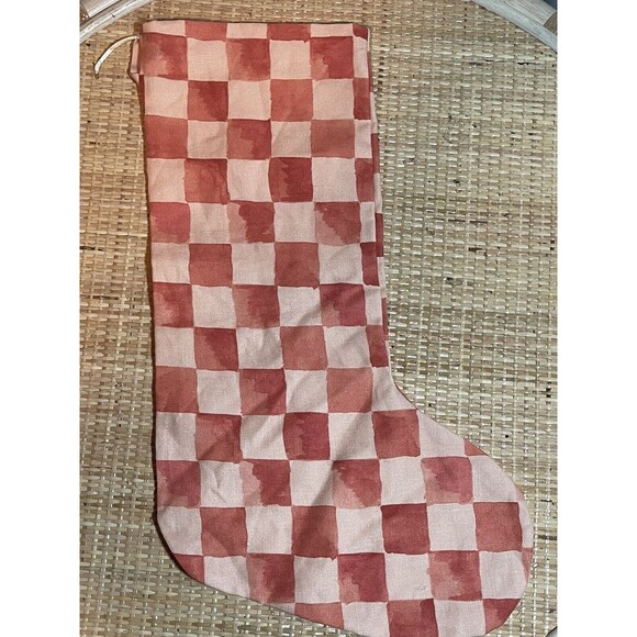 Shannon Retseck Studio Peach Checkered French Linen Christmas Stocking New - Picture 2 of 5